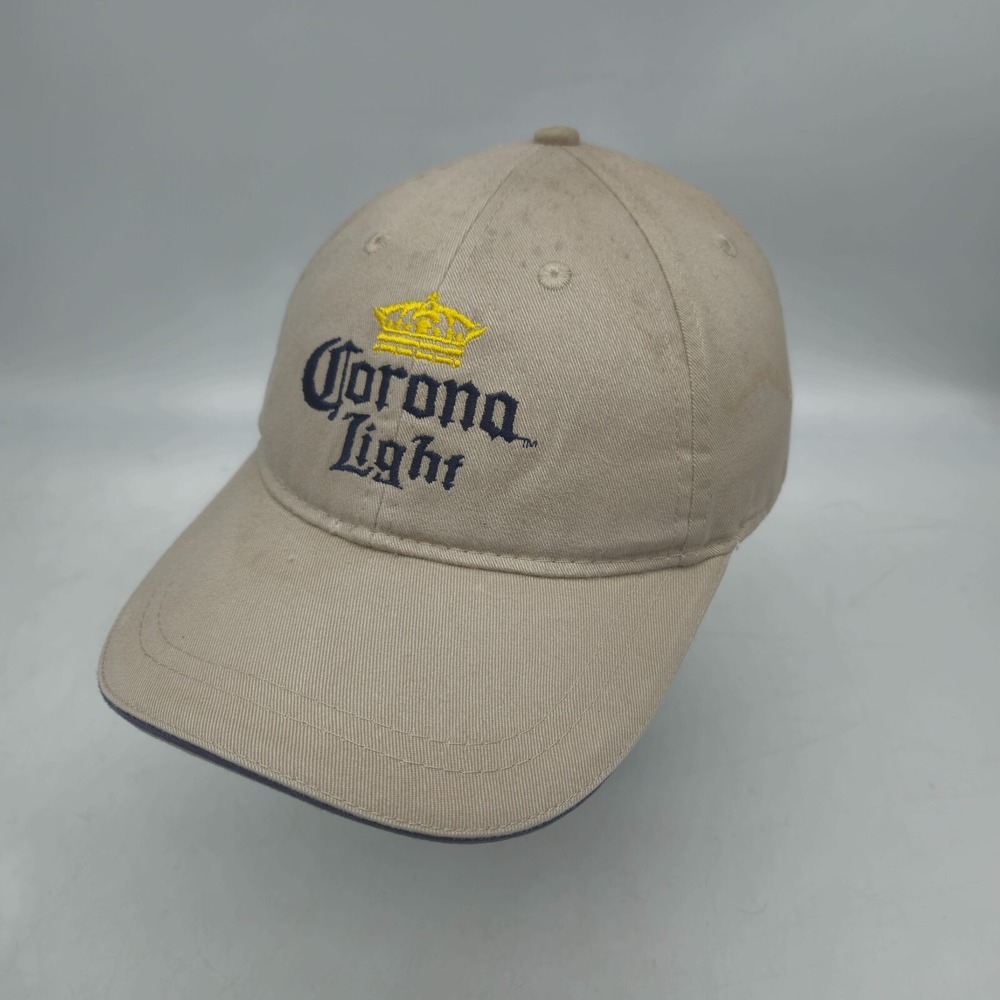 Corona Light Strapback Hat Baseball Cap Beer Alcohol Spell Out Logo Beige Khaki